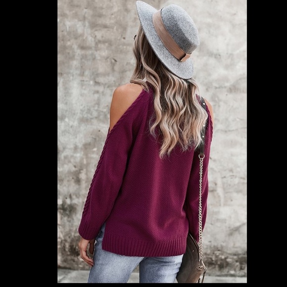 Wine cold shoulder solid knit sweater. - Picture 2 of 2
